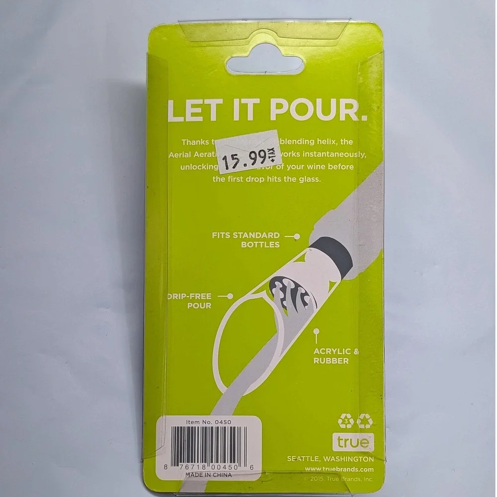 True Aerial Aerating Pourer Clear Black Wine Aerator Drip-Free 0450‎ New